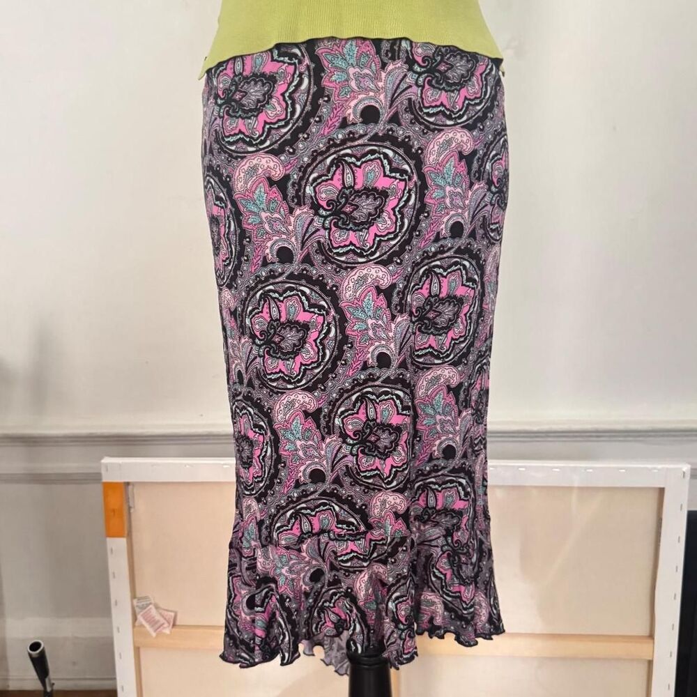 Vintage Y2K Bebe Pink & Purple Paisley Asymmetrical Low-Hi Midi Skirt